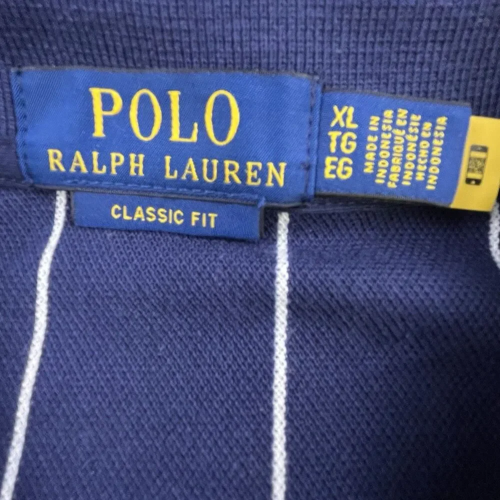 Polo Ralph Lauren Polo Shirt XL Tennis Racquet Navy Blue Stripe Classic Fit NEW